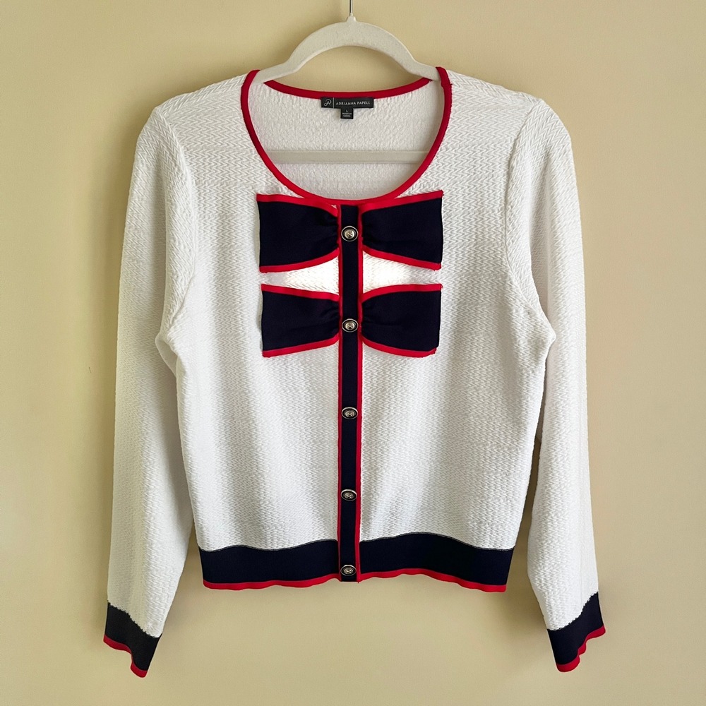 Adrianna Pappell Sweater Women's Large Classic Preppy Nautical Preppy Navy Bows